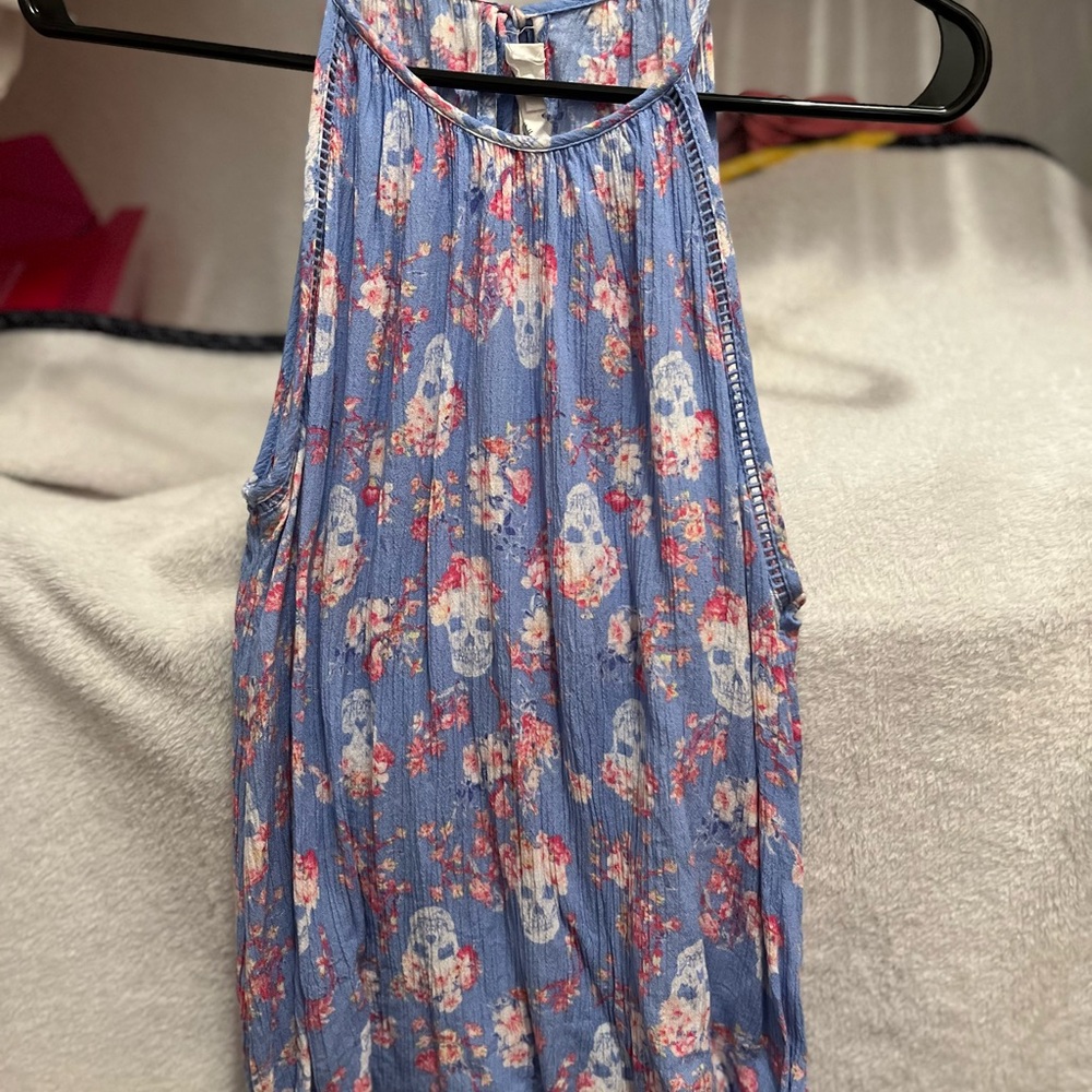 Pink Rose Blue Floral Skull Tank Top